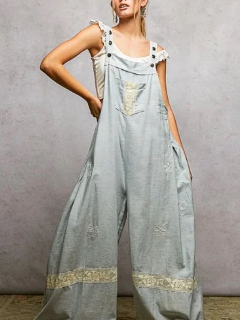 POL Boho Wide-Leg Overalls in Light Blue with Crochet Detailing